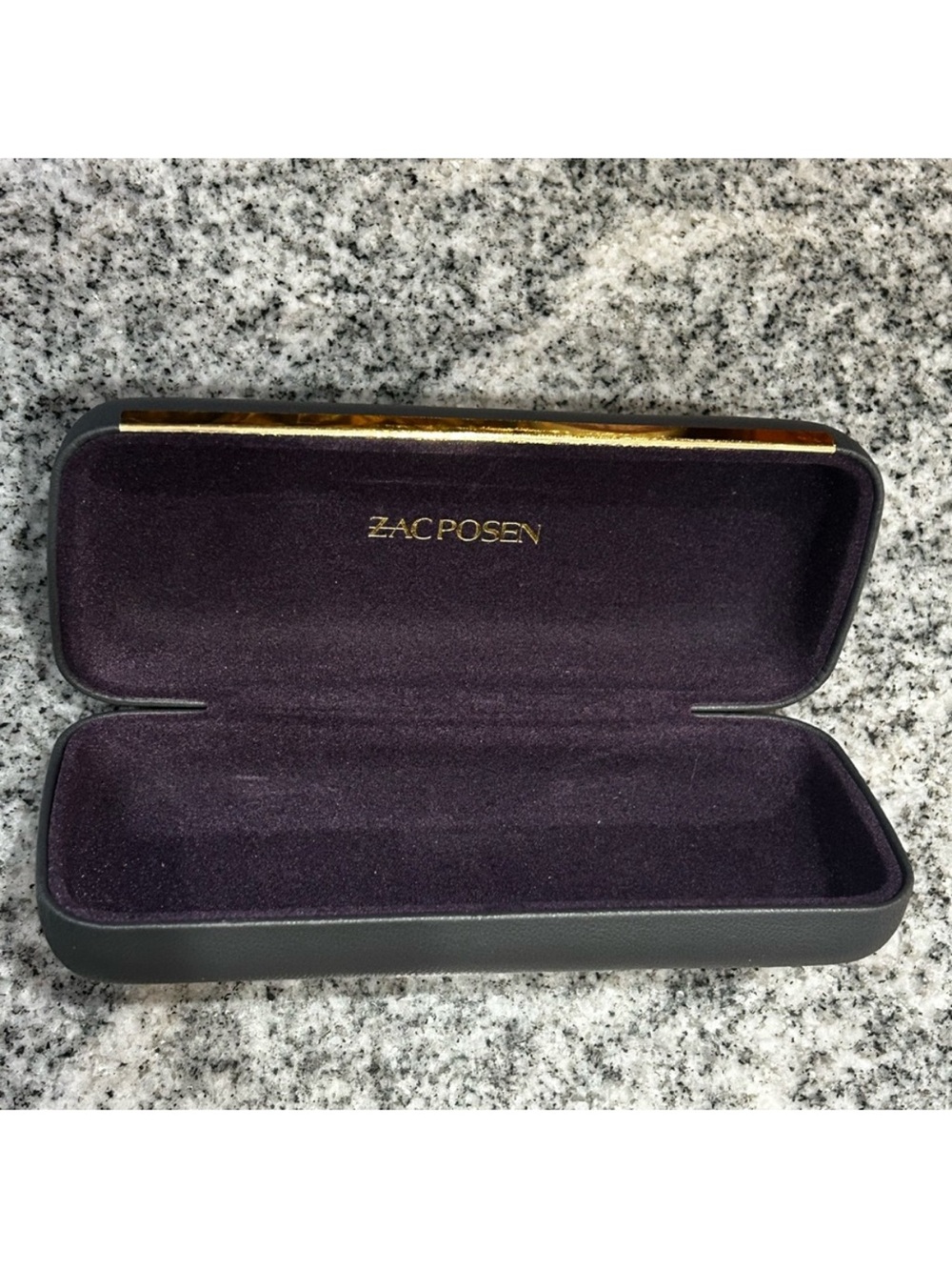 Zac Posen dark gray Eyeglass Case Purple Velvet Lining Gold Trim leather
